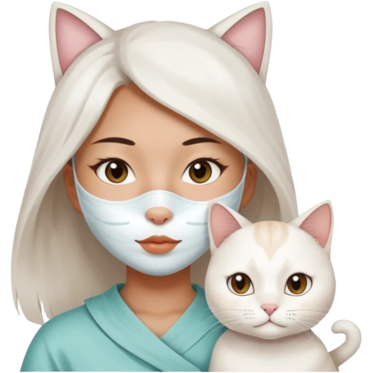 Asian girl with full facial sheet mask pack with one  white cat emoji