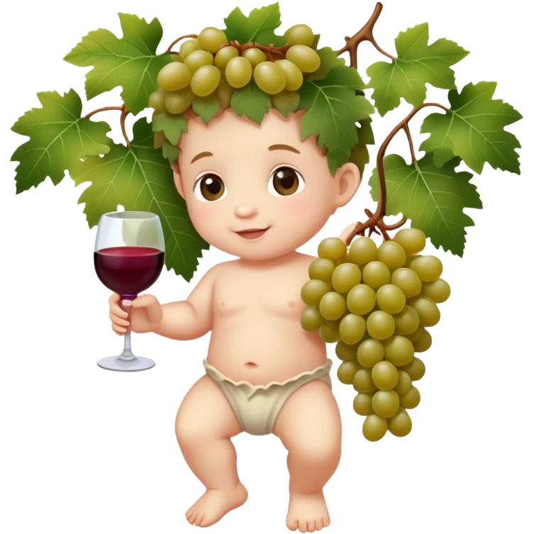 baby Bacchus with grape vines and wine grapes emoji