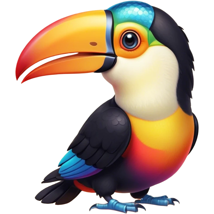 Cinematic Cute Toucan Portrait Emoji, Head tilted playfully and inquisitively, with a delightfully vibrant beak and round, sparkling eyes filled with tropical charm, Simplified yet irresistibly adorable features, highly detailed, glowing with a warm, inviting tropical glow, high shine, affectionate and lively, stylized with a touch of whimsical exotic flair, soft glowing outline, capturing the essence of a mischievous yet loving toucan that seems as if it could flutter out of the screen into your arms! emoji