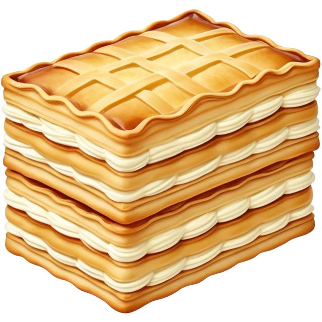 mille-feuille-cinematic-realistic-mille-feuille-dessert-emoji,-depicted-as-a-rectangular delicate-pastry-composed-of-two-crisp-layers-of-puff-pastry-with-a-rich-cream-filling,-rendered-with-intricate-textures-and-elegant,-soft-lighting. Please only show two layers only. emoji