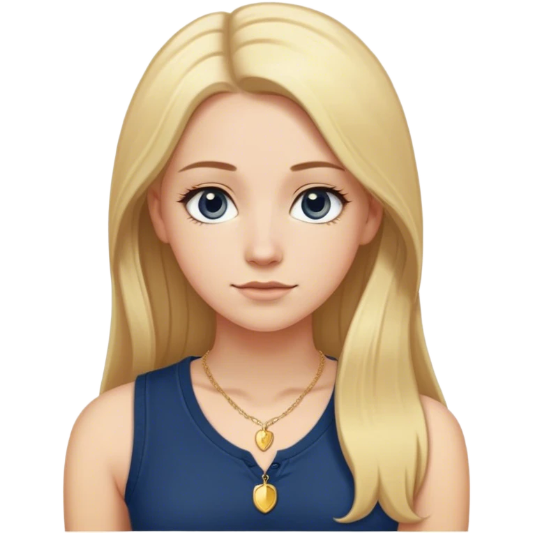 College white girl with long blonde hair straightened with a middle part. She is wearing a sleeveless navy blue Henley shirt with a small dainty girly gold necklace emoji