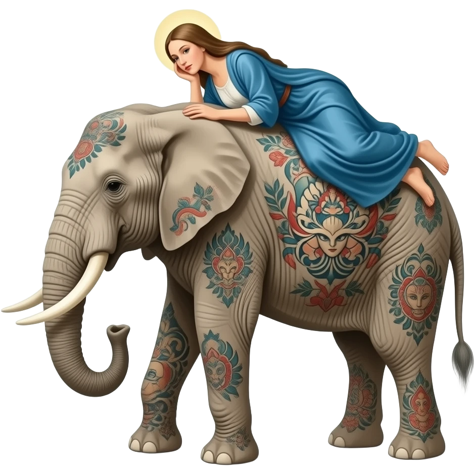 cinematic surrealistic - a tattooed elephant with very thin long legs from Salvador Dali's paintings carries an ethereal body of Madonna on its back emoji