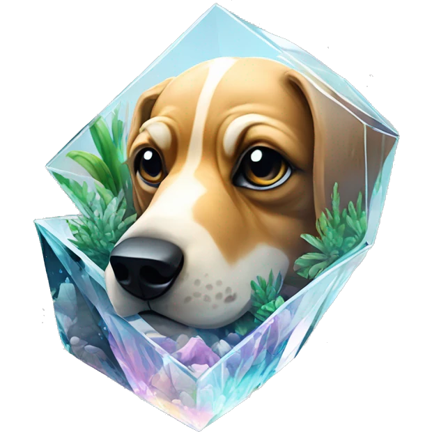 A dog made of glass mirror crystals prisms glass transparent filled with plants as a terrarium with graffiti doodles emoji