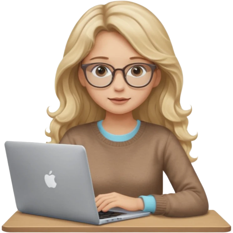 blonde girl with long dark blonde wavy hair, pantos-style glasses, a brown sweater, sitting with a laptop, looking in laptop, soft pastel, upper body shot emoji