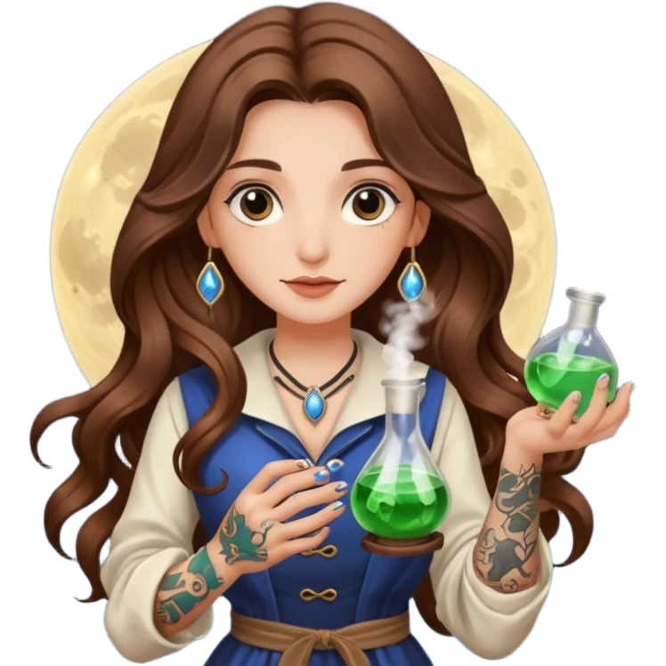 moon alchemist woman long wavy brown hair tattoos holding small potion emoji