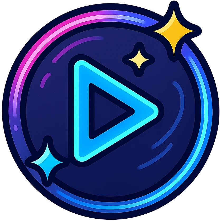 animated play icon with dark purple, blue, and black base, bright accents, complex gradients, stars, bright neon border, modern clean play symbol, subtle glowing and moving stars neon effects, sophisticated futuristic style emoji
