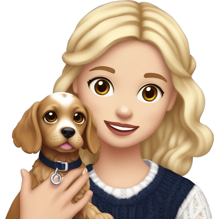 A blonde girl with brown eyes, pinkish brownish lipstick ￼wearing a navy blue headband and a navy blue and white cable knit fair isle jumper. In her arms she is holding a golden brown cocker spaniel girl puppy who had a pink collar around her neck. emoji