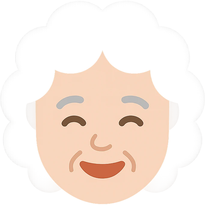 older lady with silver curly hair smiling emoji