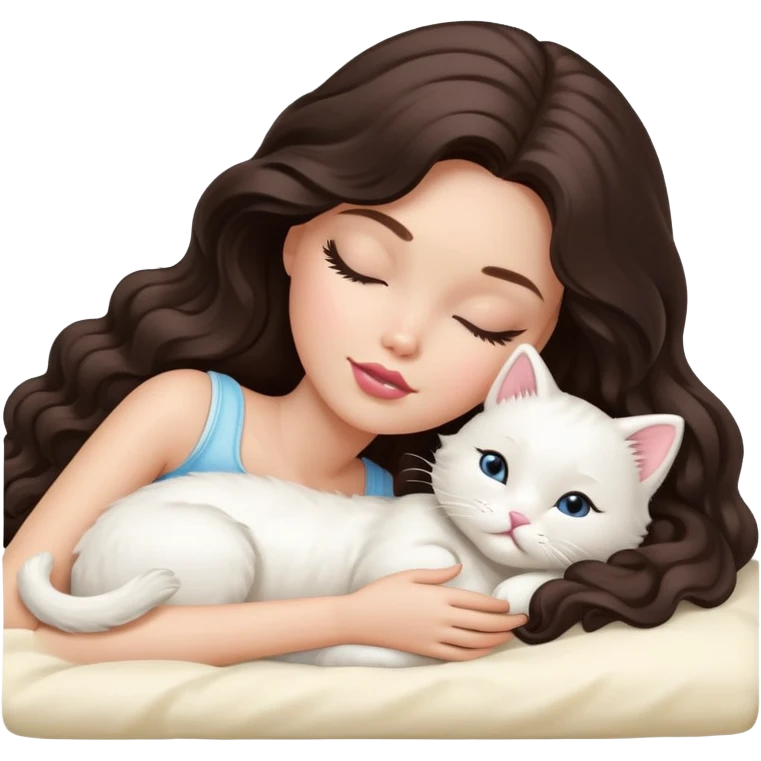 White Barbie girl dark brown long wavy hair sleeping with white kitty at cream bed emoji