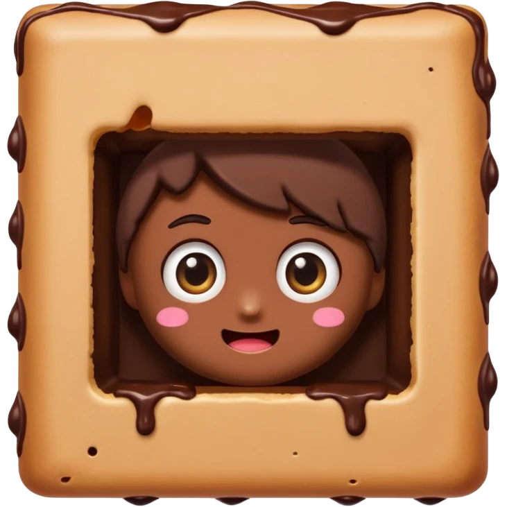 Cartoon chocolate mini pastry peeking from behind tiny wall, suspicious eyes, tiny chocolate smudges, chibi style, Twitch emoji style, transparent background, colorful
 emoji