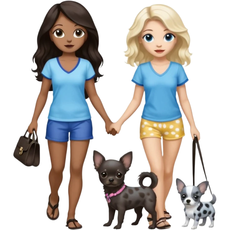 2 pretty women in beach clothes, one walking a black chihuahua puppy, one hazel eyed light skin with dark brown wavy long hair, walking a blue and gray spotted Merle Frenchie the other blue eyed light skin long blonde hair walking a black chihuahua  emoji