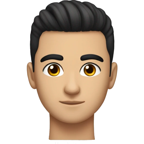 a forward-styled haircut with shaved sides black hair straight, thick black eyebrows, an average nose, and black eyes. teenager 15 years old guy turkish teen emoji