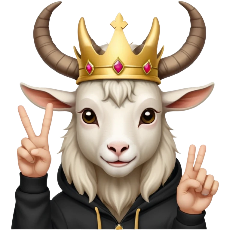 Goat with horns wearing black hoodie and a royal crown do the peace sign emoji