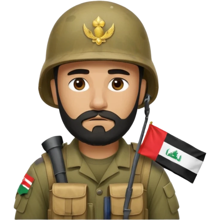 A very tired and sad, swarthy Iraqi soldier with a beard, an Iraqi flag on his helmet, a sad expression and bags under his eyes emoji