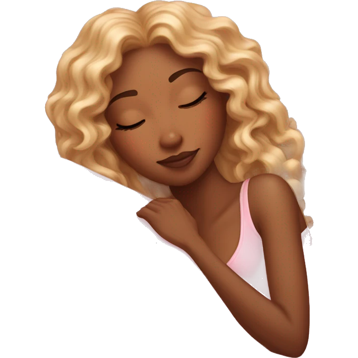 gorgeous brown skin woman with long blonde curly hair sleeping on pink princess bed emoji