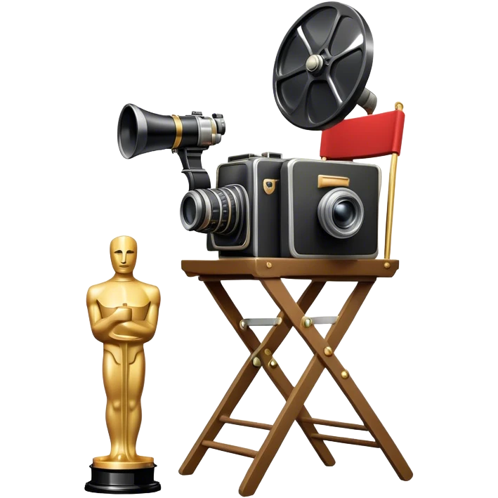 Icon for Directing: a director's chair, a large film camera, a megaphone, a stage set with lights and an Oscar statuette. The icon should represent the creative and leadership aspects of directing, with focus on film and theater production. Transparent background. emoji