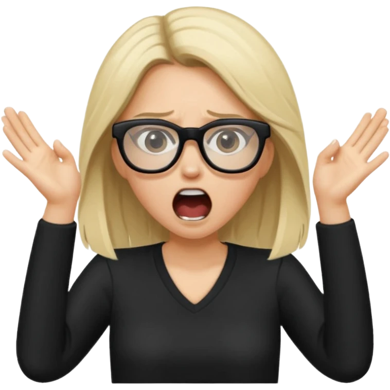 Young woman, wearing black clothes, brunette/blonde with loose hair, wearing white glasses, shouting bad words emoji