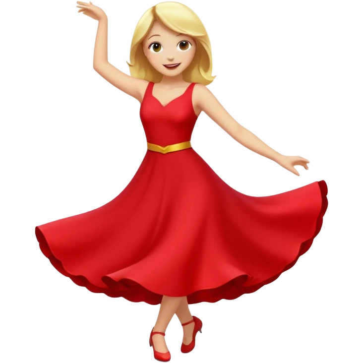 a yellow-blonde woman dancing wearing a red dress, in flat emoji / Apple style, smooth shapes, glossy highlights, bright saturated colors, simple features, minimal details, no outlines, red clothes flowing, joyful pose
 emoji