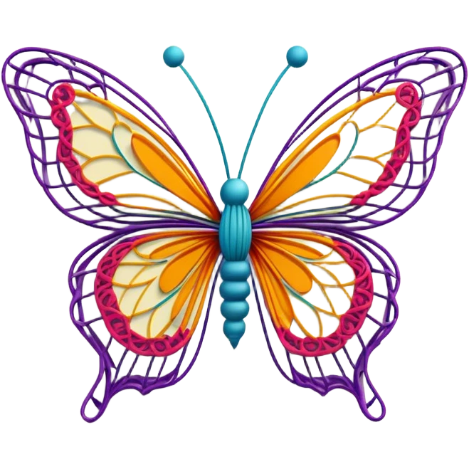 String art icon, colorful butterfly made with threads, wings formed by intricate thread patterns, body of the butterfly with visible thread ball structure, minimalistic style, clean lines, transparent background. emoji