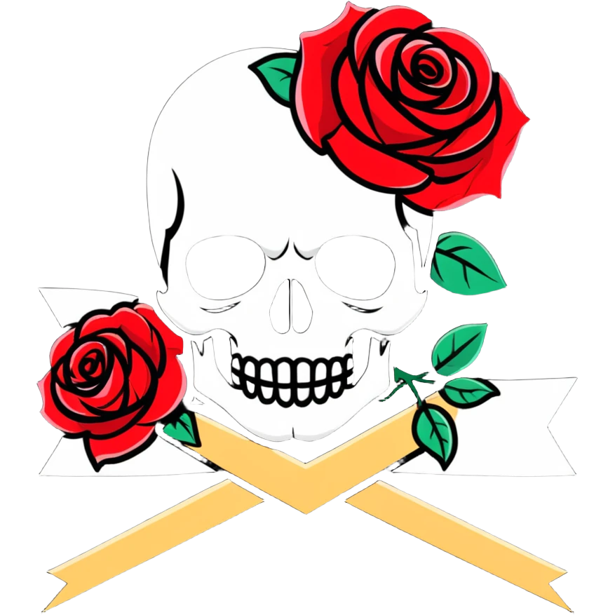 Traditional Americana tattoo art skull with bold outlines, red roses, and a banner emoji