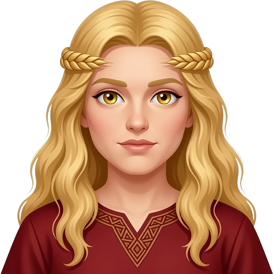 Sif from Norse Mythology with gold eyes, long golden blonde wheat-sheaf flow hair, deep red tunic emoji