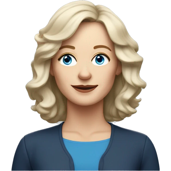 midlife white woman with blue eyes and layered shoulder length wavy hair and side swip bangs emoji