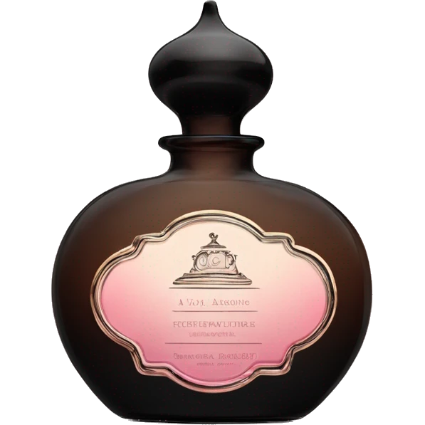 English vintage glass perfume bottle from my aristocratic grandmother, exquisite bottle shape, old and shabby, with label, stylish and minimalistic, black and brown with pink gradient  emoji