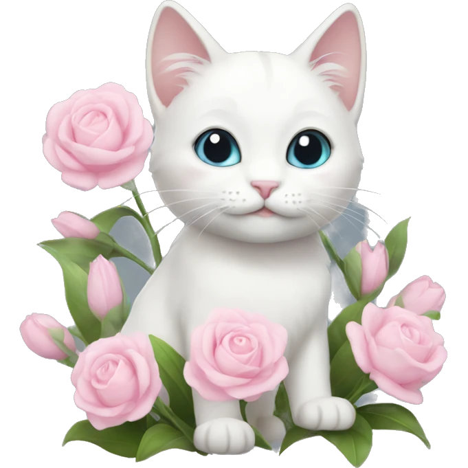 cute white cat holding light pink flowers emoji