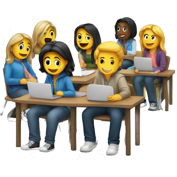 students sitting on desks and chatting emoji