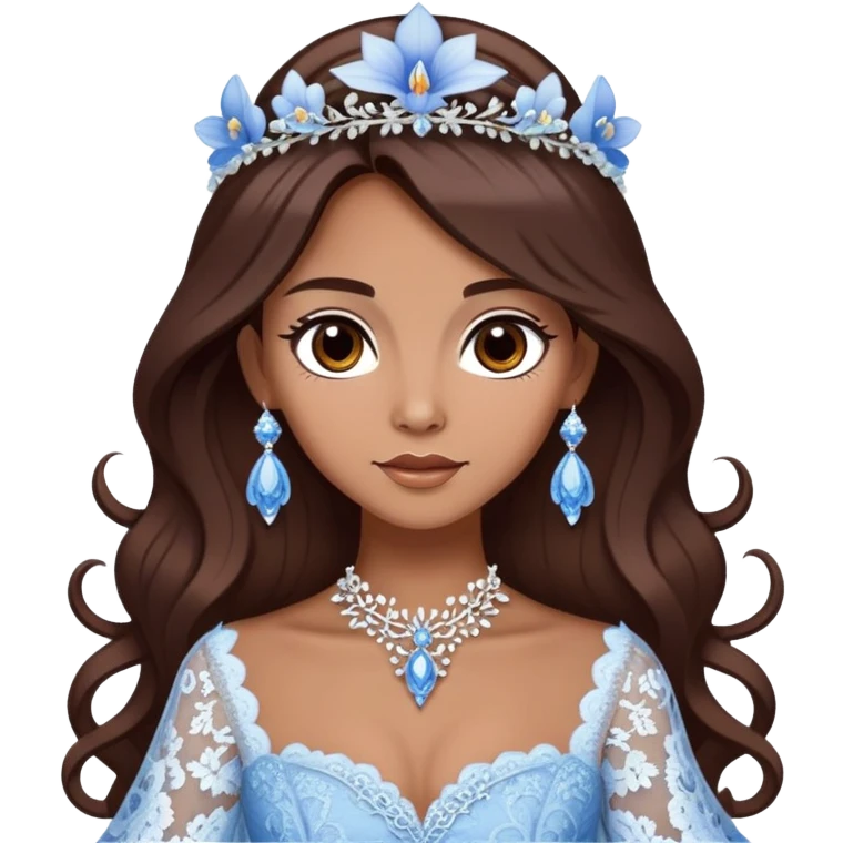 enchantress with brown eyes and tanned skin and long chocolate brown hair wearing a embellished winter blue and white lace gown with orchid tiara emoji