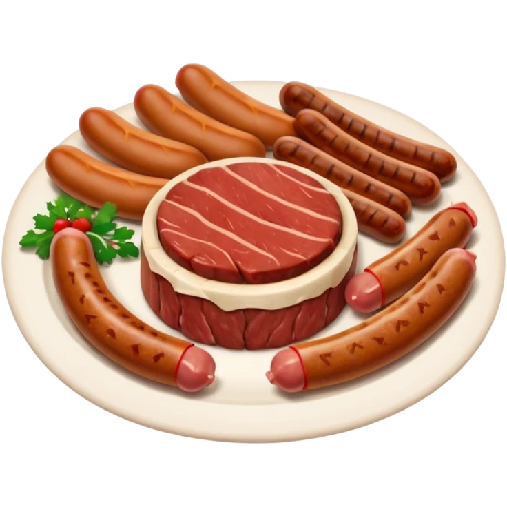 Meat dishes avatar in clean emoji-style illustration. Steak, roasted meat, and sausages, rich brown and red tones, simple shapes, flat design, hearty and appetizing. emoji