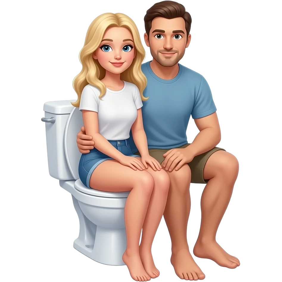 A realistic white blonde woman sits on the lap of a man and they both are sitting on an open toilet emoji