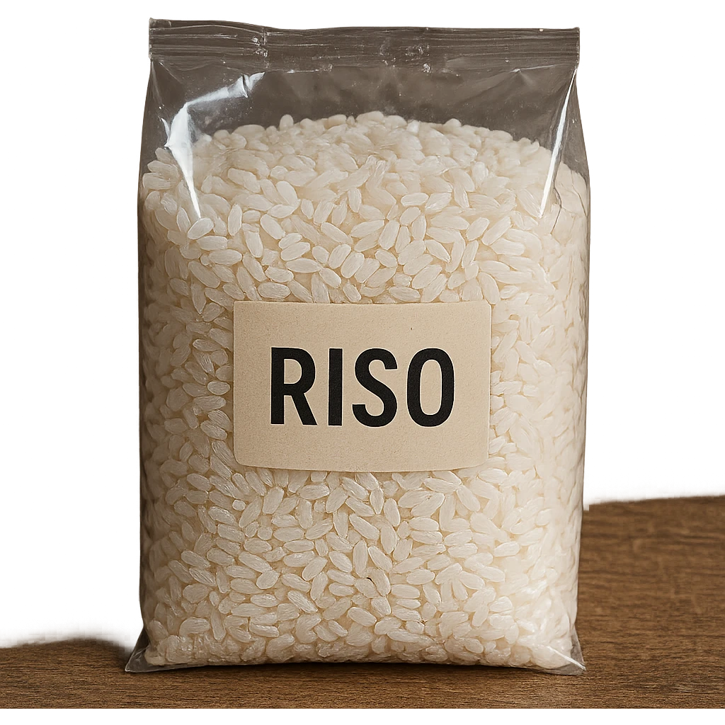 photo realistic transparent bag with rice grains, visible label with the word 'riso' in Italian on the image emoji