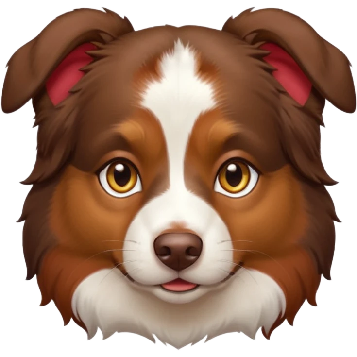 A tri color Australian shepherd with a chocolate brown base coat, red/gold fur on his eyebrows and snout/cheeks, a white chest, and gold eyes emoji