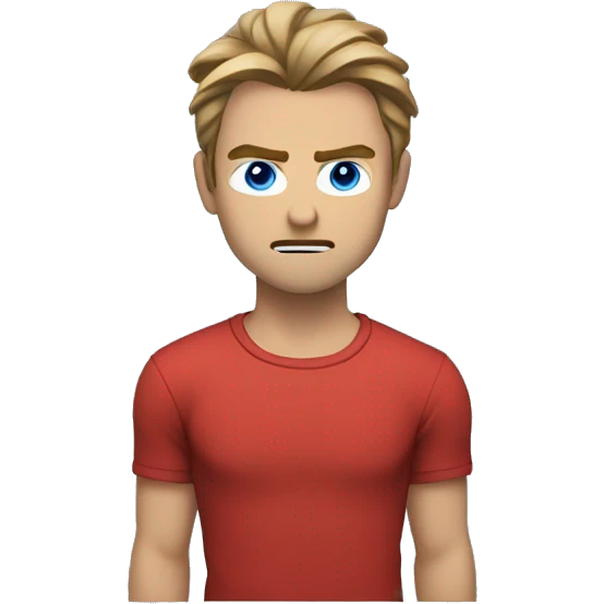 Medium length hair with a middle split that falls onto his face, male, wearing a red shirt, light brown hair, blue eyes, he’s angry  emoji