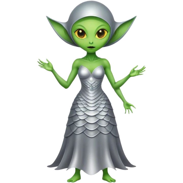 Green Alien woman with Cycloid scales, in silver dress, full figure, yellow eyes emoji