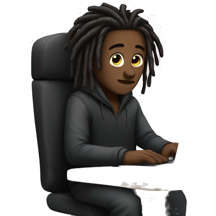 Black-guy-with-dreads-wearing-black-trackstuit-sitting-down-on-chair facing-foward-focused-on-laptop-computer- emoji
