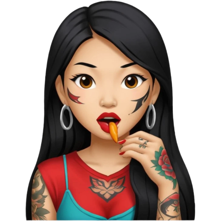 Beautiful Asian woman with long black hair and tattoos biting her lip emoji
