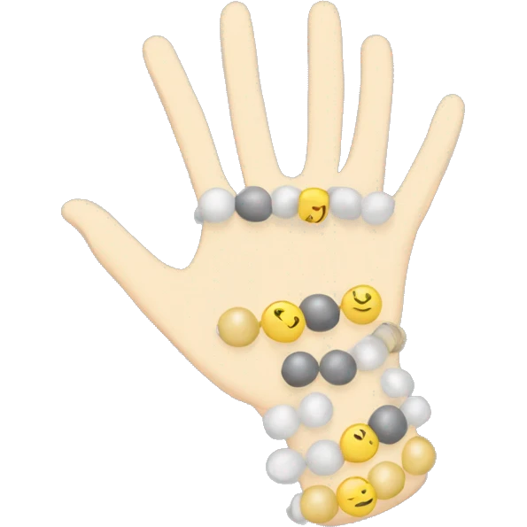 Make a hand with a wrist that has a bea braclet around the wrist the beads are pastel yellow on the sides and the middle has grey beads that are letters that say SWIFTIE emoji