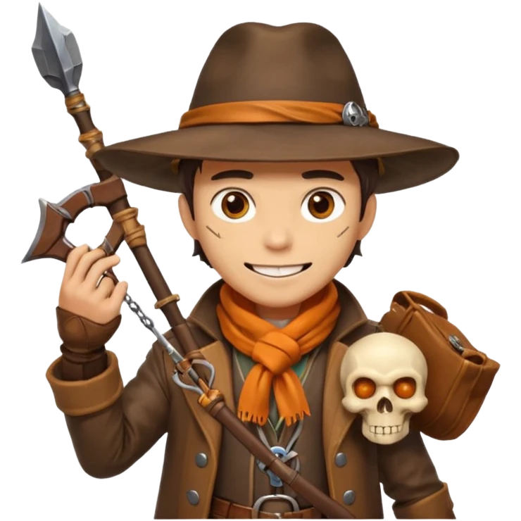 male human monster hunter emoji, wearing brown leather coat and wide hat, holding crossbow or rifle, with amulet shaped like skull, Halloween fantasy theme, confident smile, orange scarf, Apple emoji style, clean white background, square image emoji
