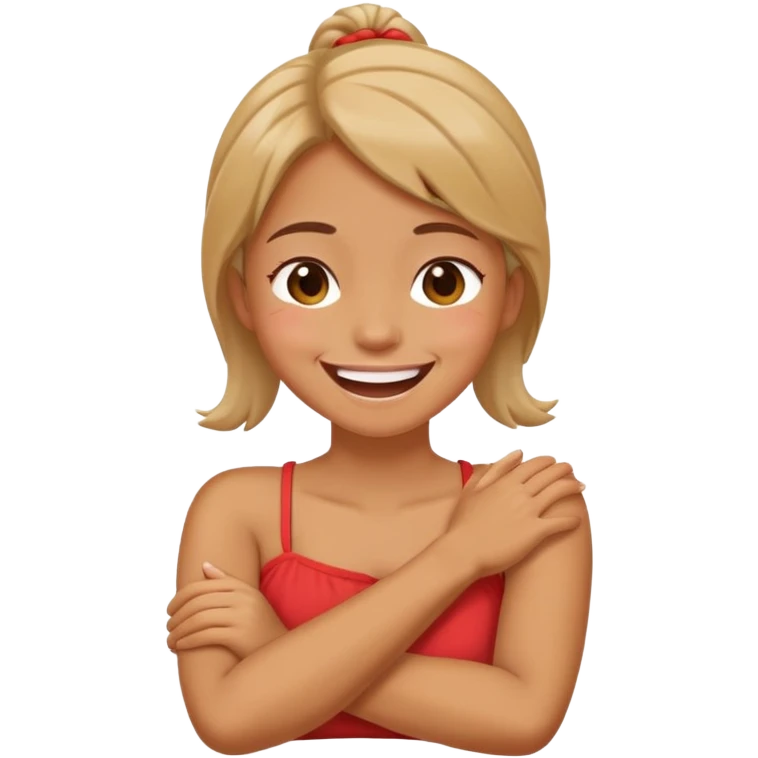 Girl with arms crossing and holding her neck laughing emoji