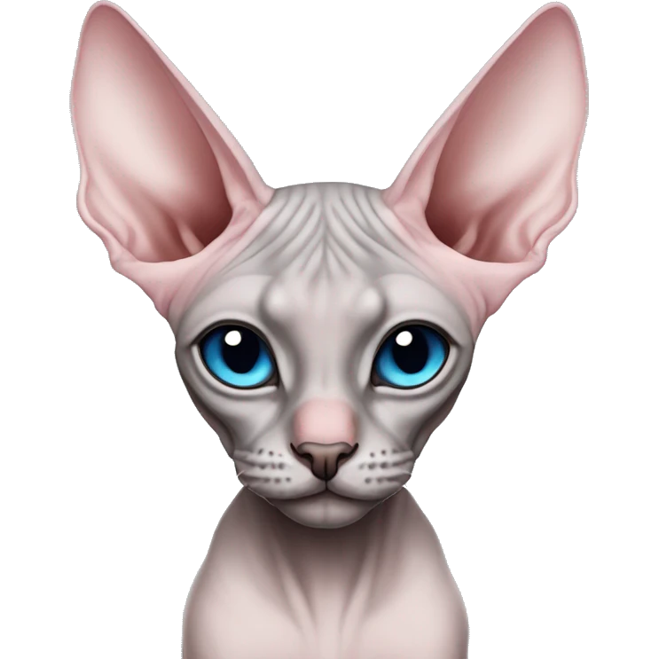 Pink grey canadian sphynx cat with blue eyes and black nose and elf ears  emoji