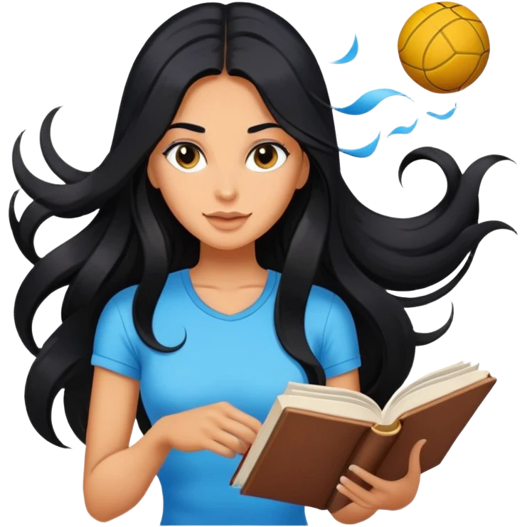 differemt hobbies floating back ground, 1 book, art, and sports, tanned long black hair woman, sexy emoji