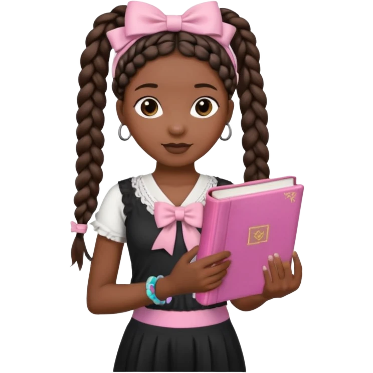 Black girl with boho braids,white bow, black leggings;white top, and pink bible  emoji