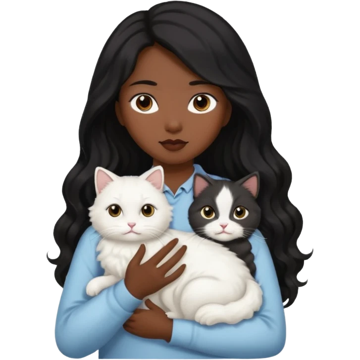 Asian woman with long black wavy hair holding cat white cat emoji