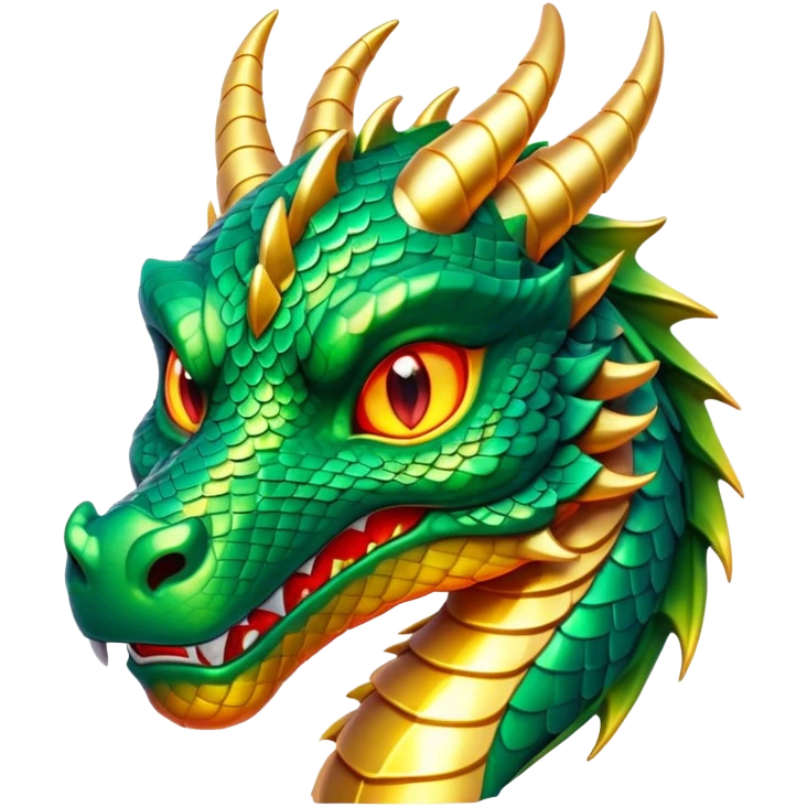 Cinematic Noble Dragon Portrait Emoji, Poised and majestic, with a sinuous, elongated body covered in intricately detailed, shimmering scales in hues of emerald and gold, and piercing, fiery eyes that reflect ancient wisdom; rendered with lifelike texture and natural highlights, high shine, intelligent and formidable, styled with an aura of mythic power, focused and attentive, soft glowing outline, capturing the essence of a legendary dragon that appears ready to soar out of the screen with timeless authority! emoji
