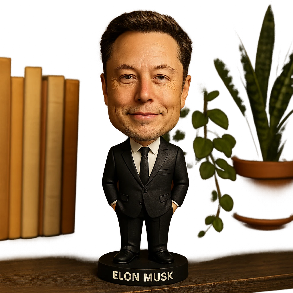 realistic features bobblehead of Elon Musk wearing a suit and tie emoji