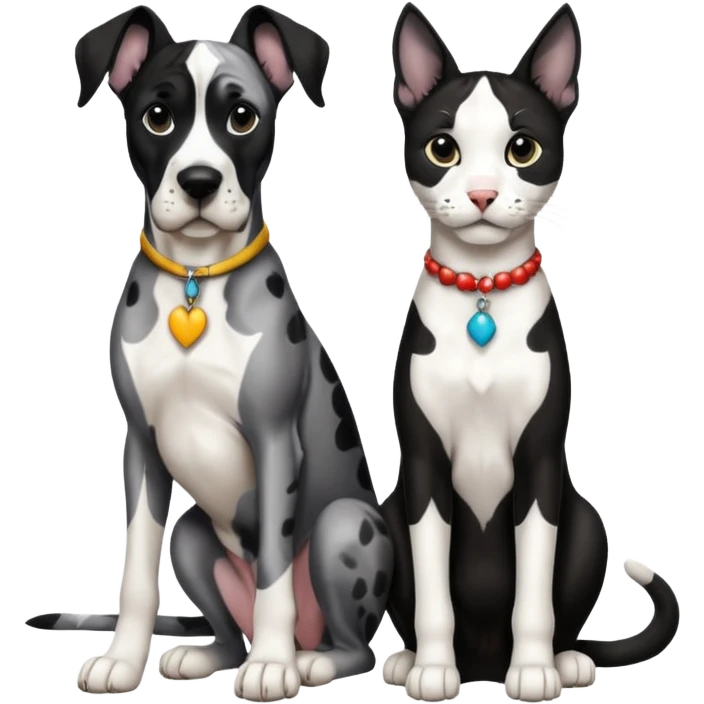 Harlequin great dane dog sitting with a black and white cat emoji