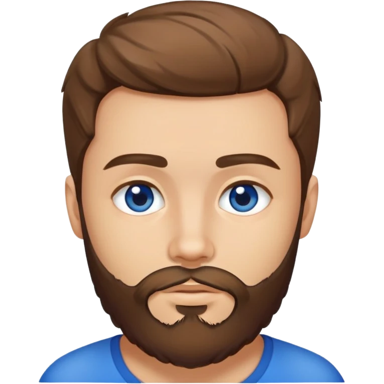 Un jeune homme avec une barbe légèrement fournie, des cheveux courts bruns et yeux bleu emoji