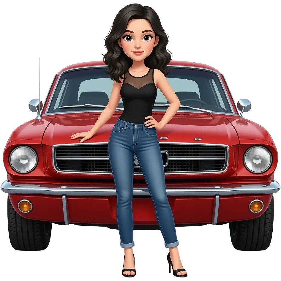 Pale girl with black wavy hair in front of a red Ford Mustang 1968 coupe. Girl wearing a sheer black sleeveless top with a medium neckline, jeans and heels with visible toes. Left hand on the hood and right hand on her waist. emoji